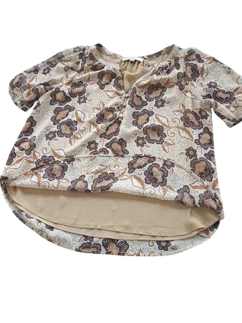 Loft Womens Floral Puff Sleeve Blouse Beige Brown Medium Lightweight V Neckline